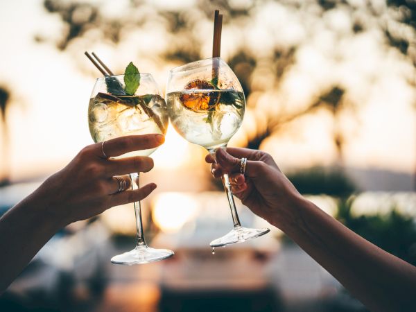 Two people clink wine glasses with leafy garnish outdoors, golden sunset background in view.