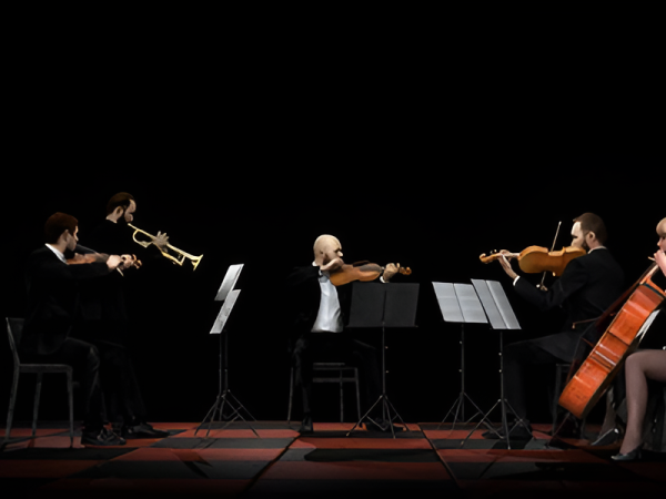 A small ensemble of classical musicians performing on stage: violinists, a violist, a cellist, with music stands and a dark backdrop, focused on their sheets.