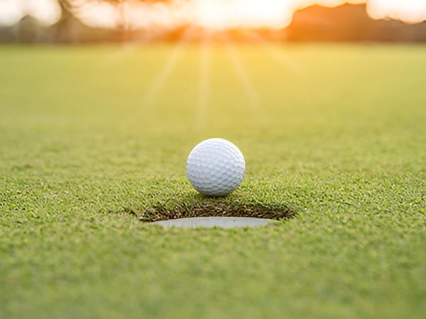 A golf ball about to fall into a hole on a sunlit green fairway.