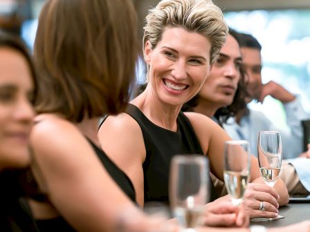 A group of people at a social event, clinking glasses and chatting, with a smiling woman in focus at a long table.
