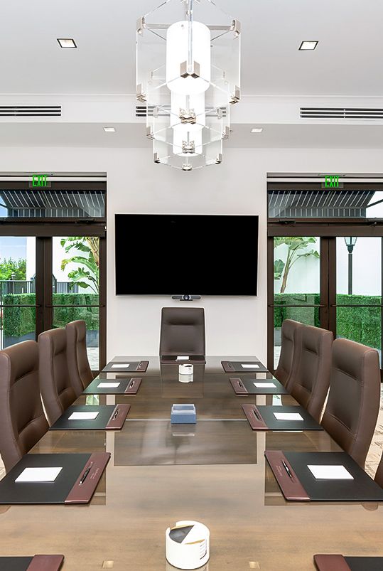 A modern conference room with a long table, brown chairs, a wall-mounted TV, and large windows showing greenery, ready for a meeting.