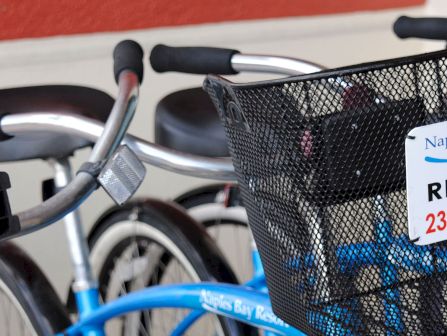Bicycles parked with a front basket; a sign in the basket and handlebars visible, riding gear hints in the background.