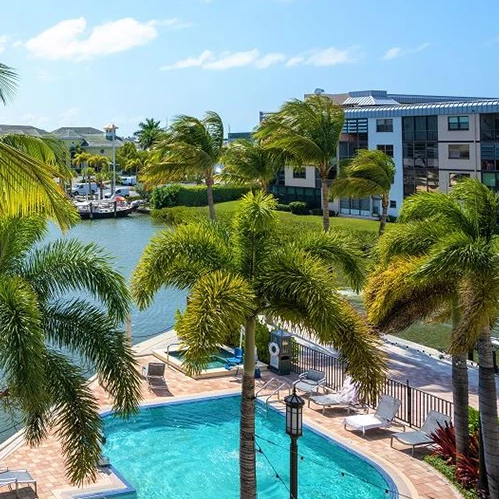 Poolside tropical resort scene with palm trees, blue water, loungers, and a canal with boats in the background.