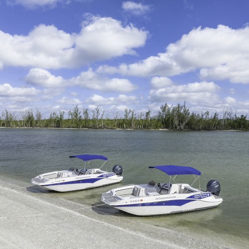 Three small motorboats with blue canopies sit on a calm lake shore, clear sky and fluffy clouds overhead.